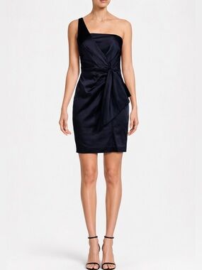 Lauren Ralph Lauren Navy Blue Satin One Shoulder Cocktail Dress Size 16 Elegant
